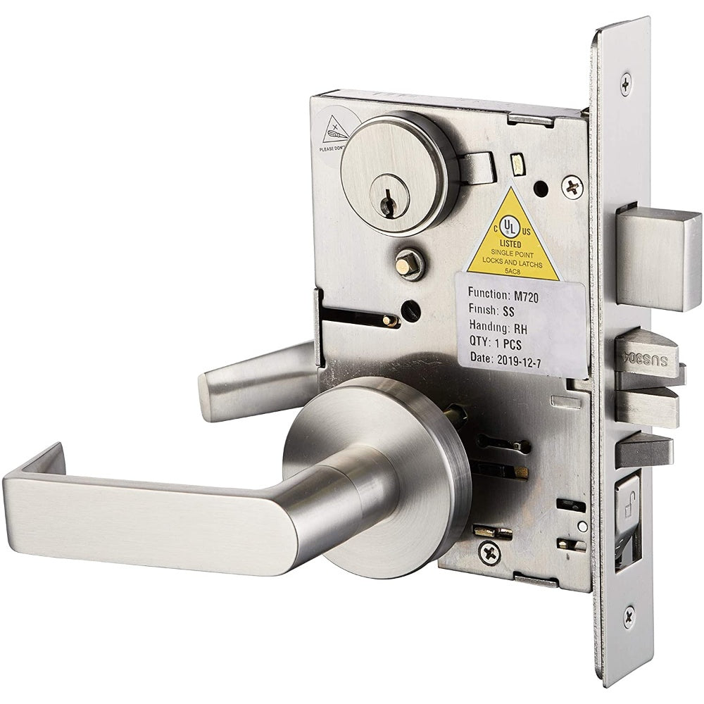 Lock Set, Mortise, Cylinder, Satin, Stainless Steel, Right Lever Handle 58475