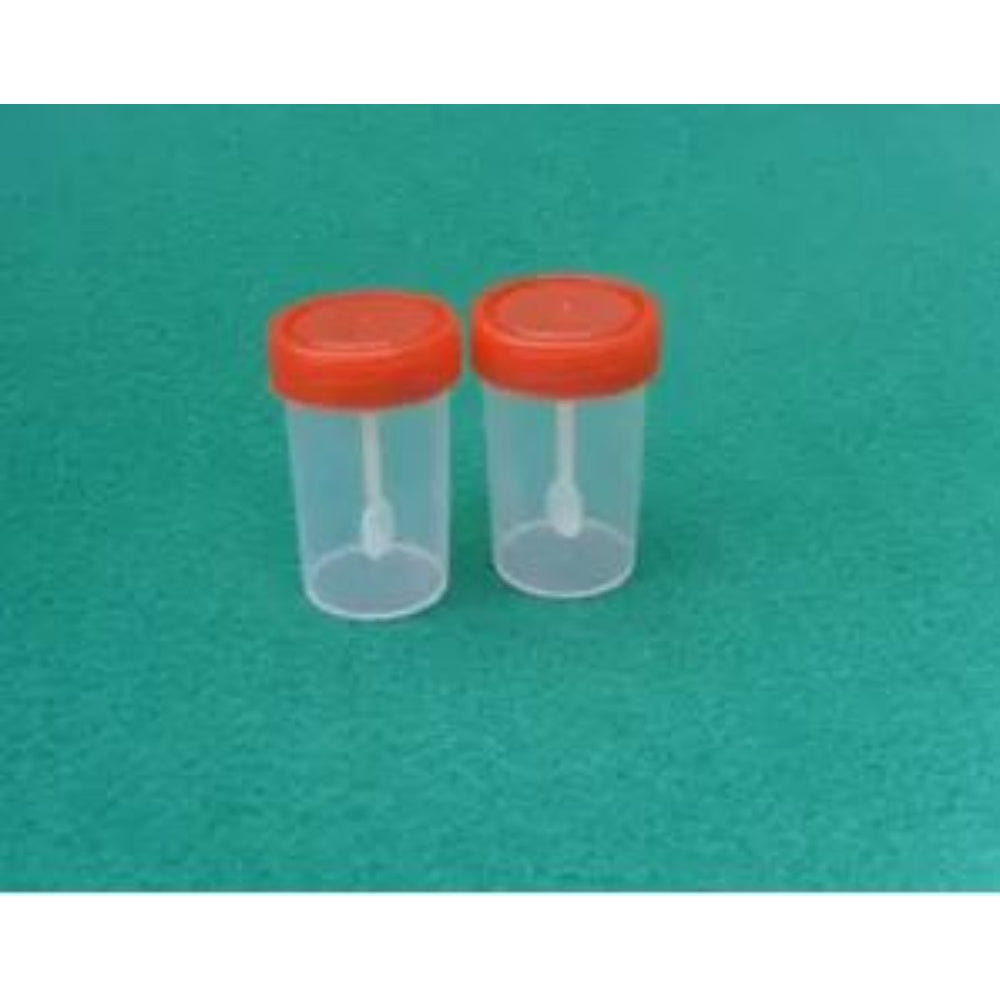 Container - Clear Polystyrene Universal
Stool Container, With Round Base And Red
Screw Cap, 60Ml, With Spoon Attached With
Labelled.