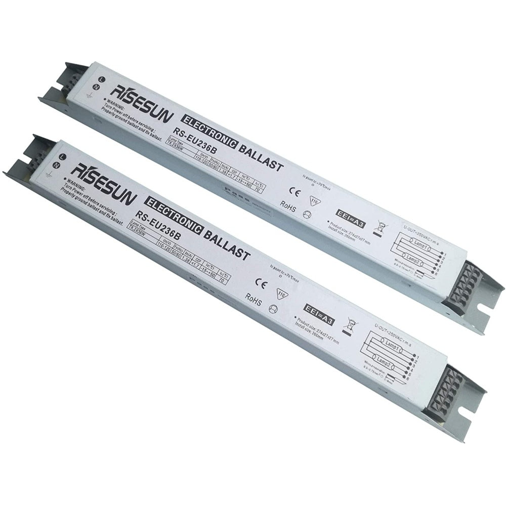 Ballast : Fluorescent Lamp: 2 X 36 W, Double channel resin-bonded electronic ballast, Brand: Cortem, Model: EBV-1