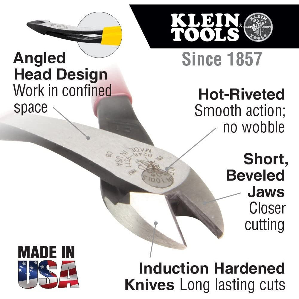 Klein Tools D248-8 Pliers, Diagonal Cutting Multi-Purpose Pliers with Angled Head, High-Leverage Design, and Short Jaw, 8-Inch