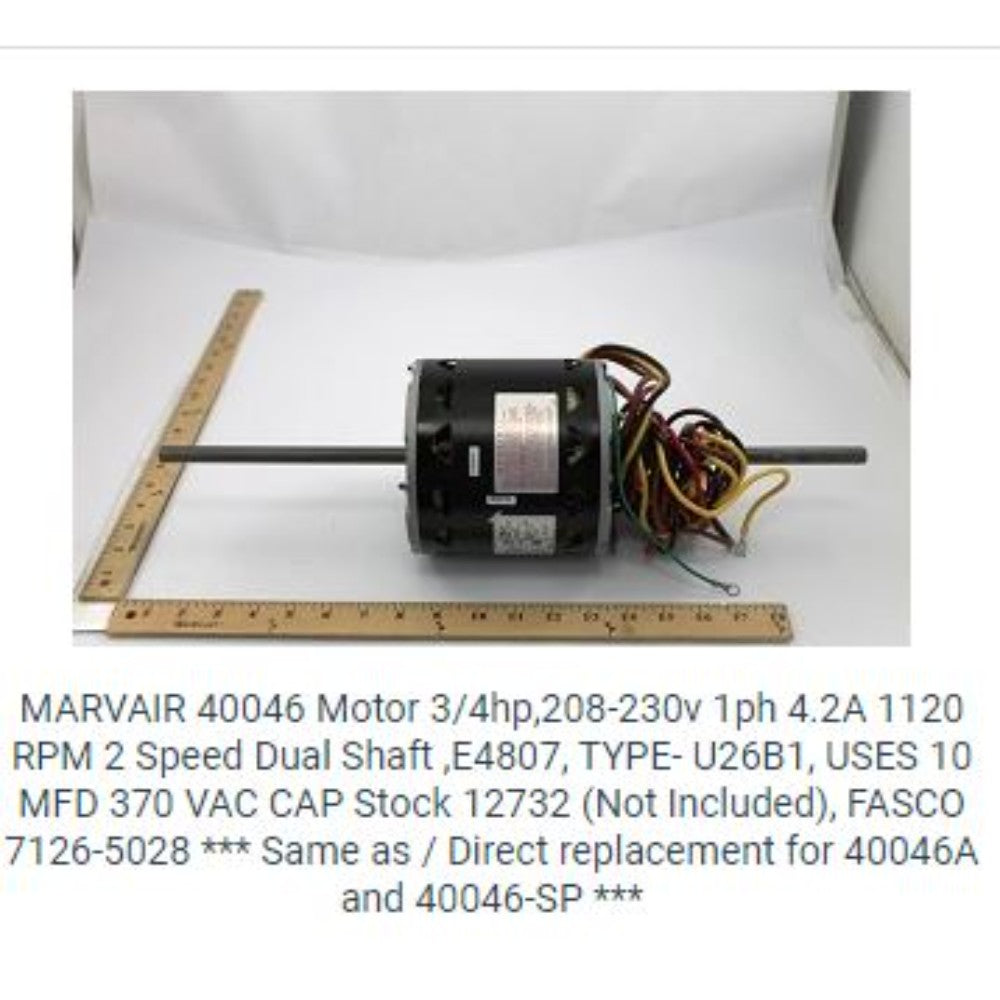 Motor, Type: Dual Shaft, 3/4 Hp, 208-230 Vac, 50/60 Hz, Phase: 1, 1120Rpm