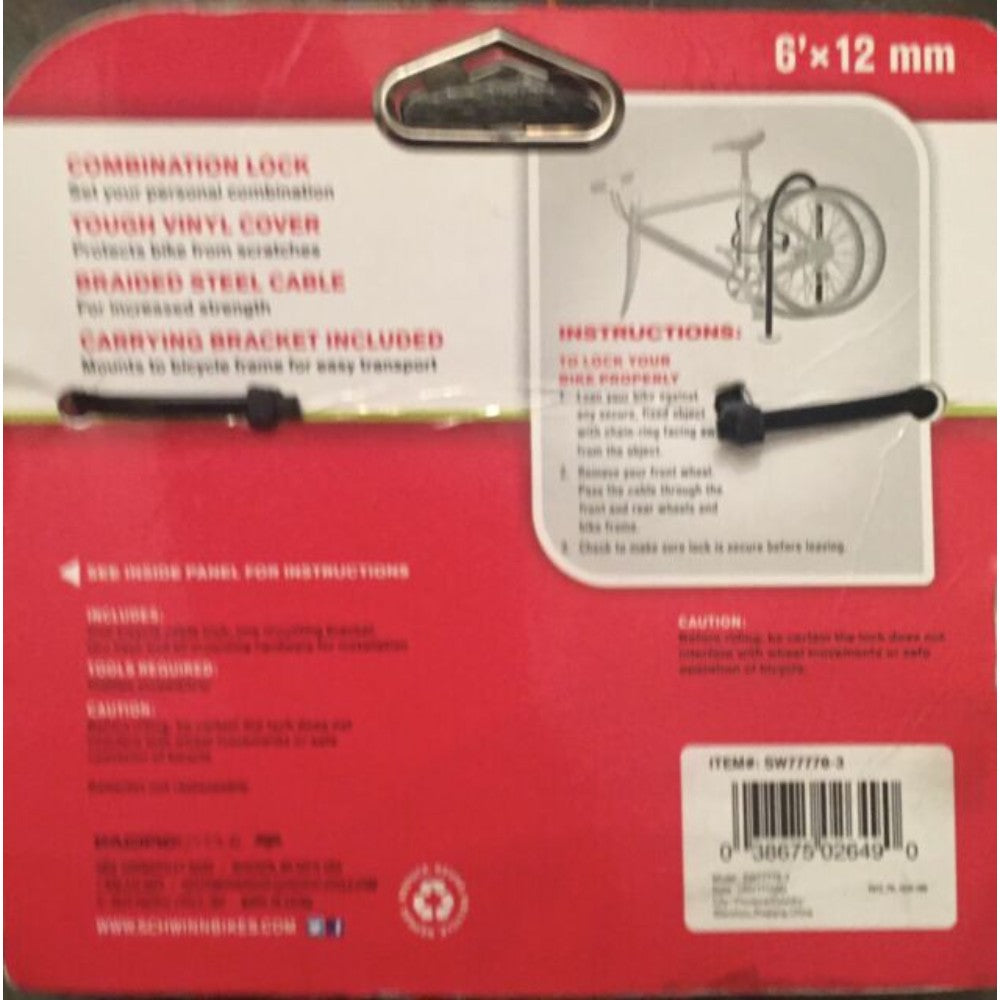 Lock, Cable, Bicycle, 6 Feet X 12 Mm Sw77778-3
