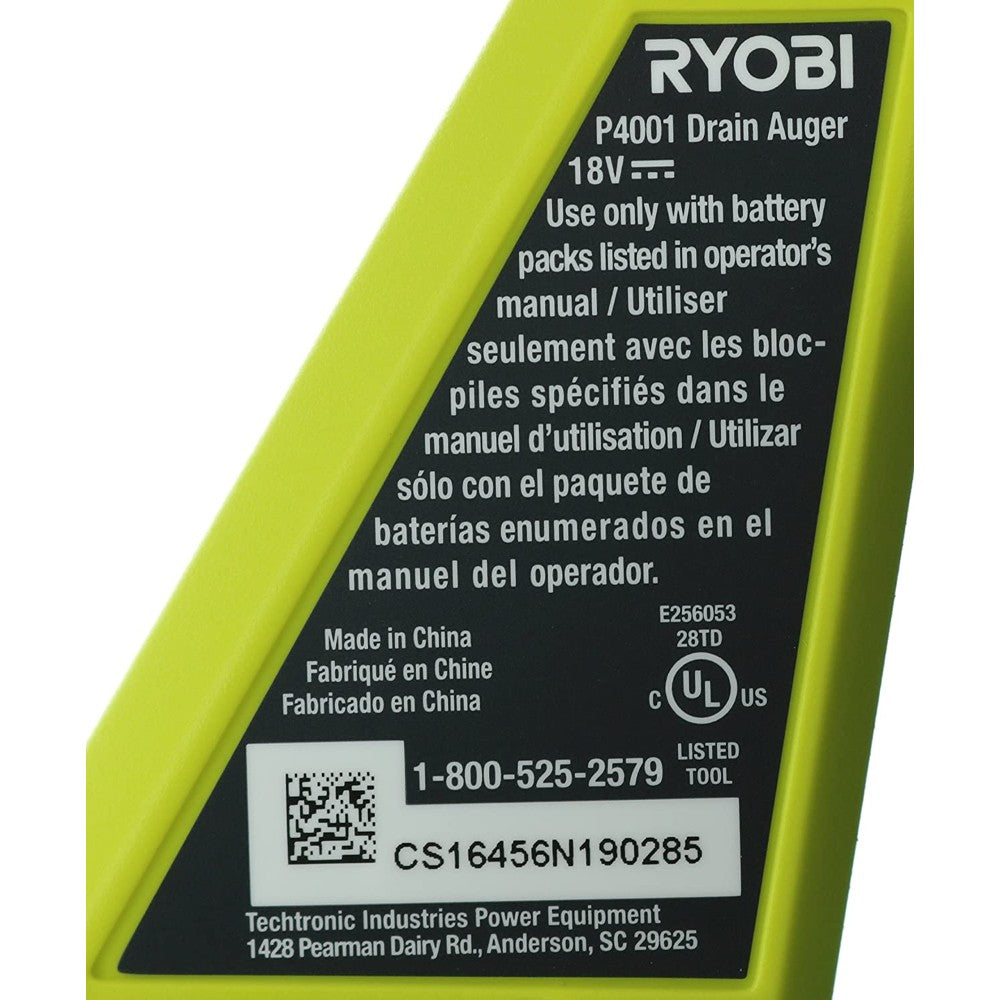 Ryobi One+ 18V Lithium Ion All-In-One 25 Foot Drain Auger for Sinks or Toilets (Battery Not Included, Power Tool Only) P4001