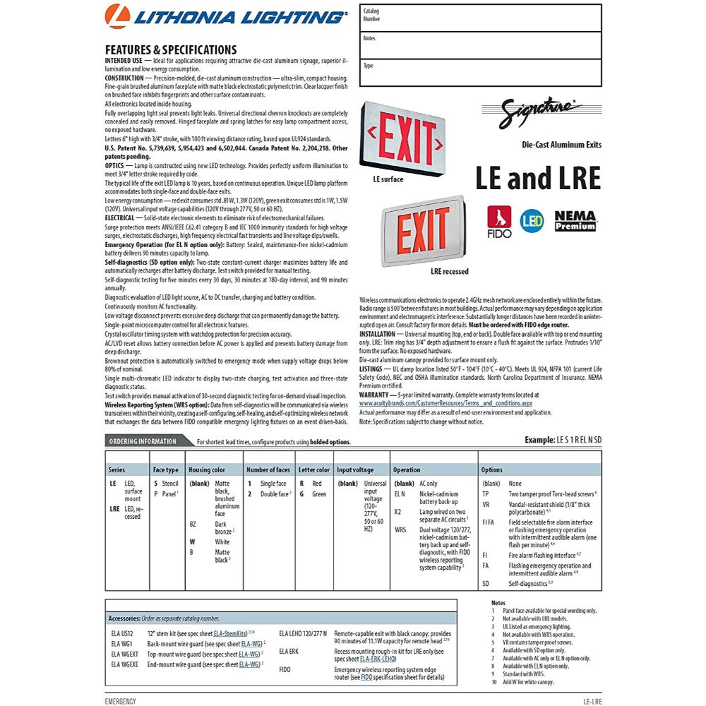 Fixture, Light, Emergency Exit, Led, Red, 120-277V, 50/60 Hz LZ S 1 R EL N SD
