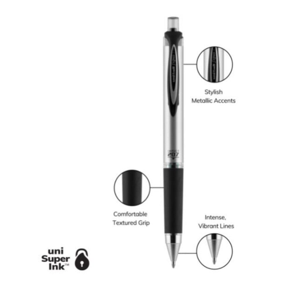 Uni-Ball 207 Impact Retractable Gel Pens, Bold Point (1.0Mm), Black, 12 Count