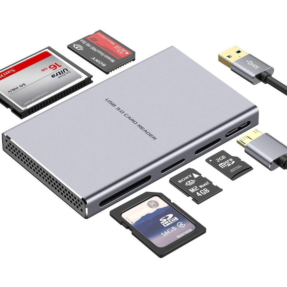 Card Reader, Secure Digital, 5 Gbps, 5 Slots, Aluminum Alloy, Gray, 3.4 X 0.3 X 2.1 Inches JGS-7005