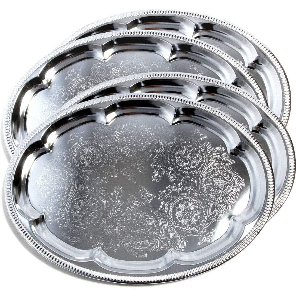 Traditional Oval Floral Pattern Engraved Catering Chrome Plated Serving Plate