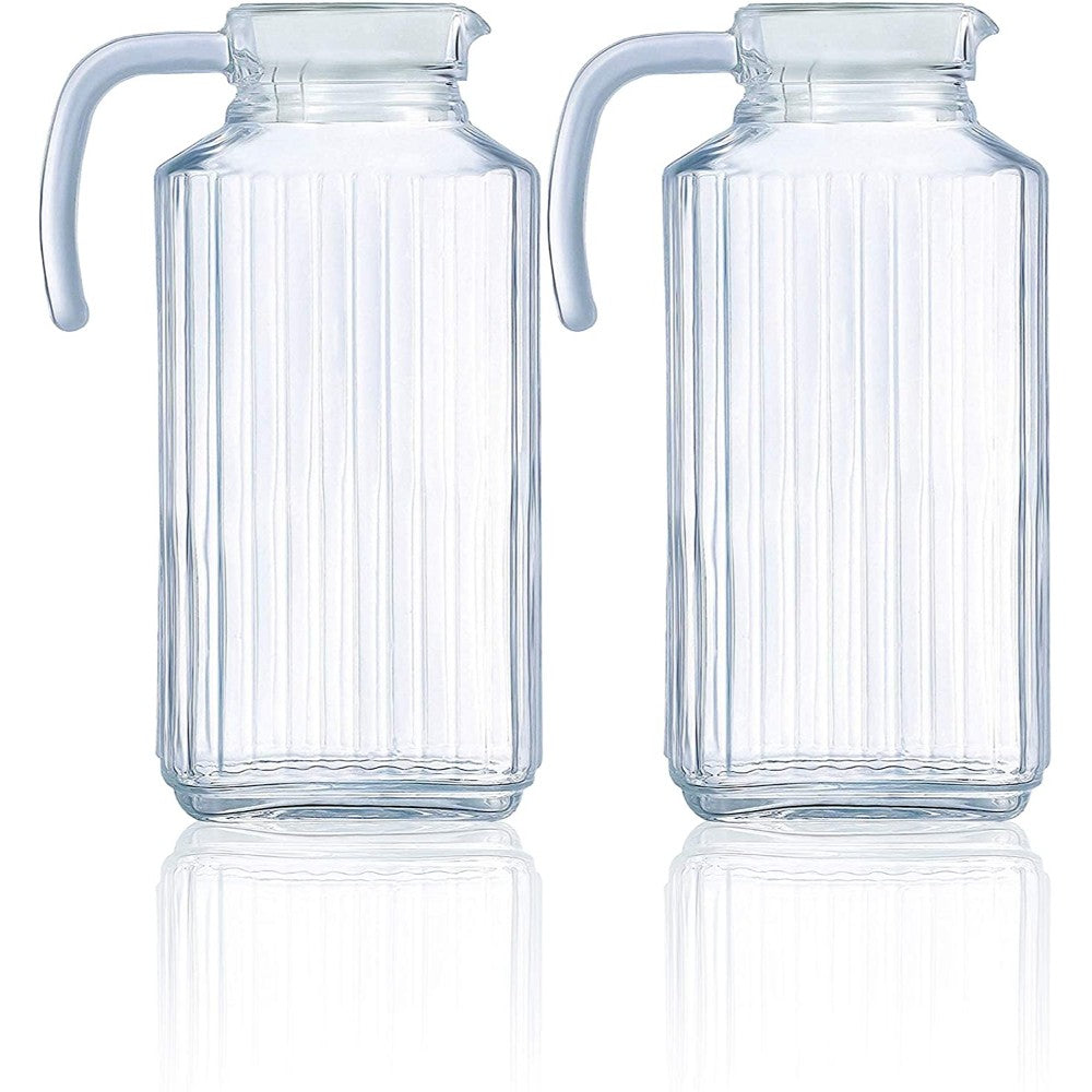 Glass Ice Tea Pitchers (10 Pcs Or 5 Sets) Frigo Ribbed Glass Beverage Drink Pitcher with Lid and Handle, 63.4 Ounce. (63.4 oz, Set of 2)