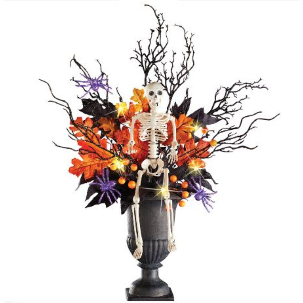 Seasonal And Event Decorations Lighted Halloween Skeleton in Spooky Foliage with Spiders, Indoor Tabletop Décor