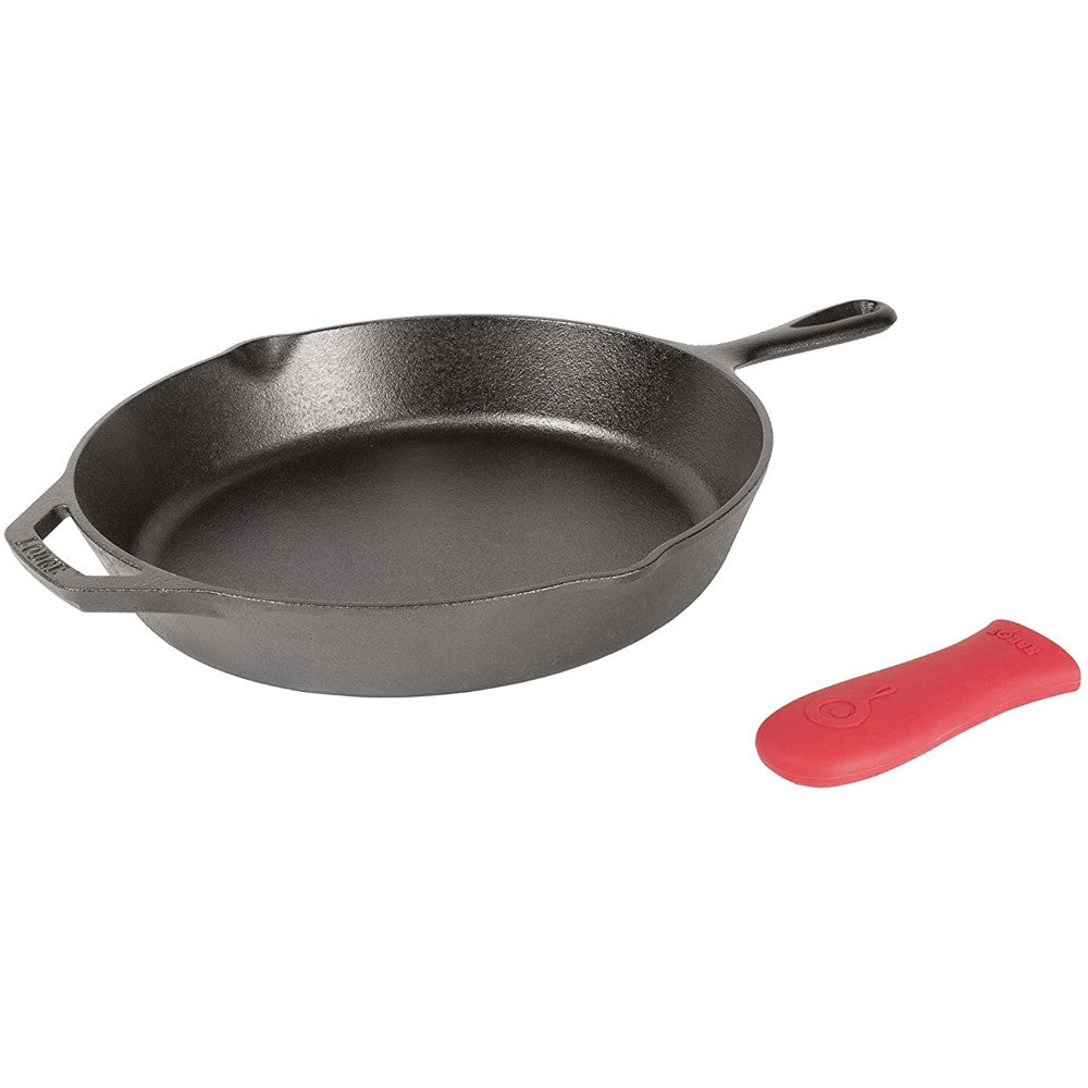 Pre-Seasoned Cast Iron Skillet With Red Silicone Hot Handle Holder, 12-Inch